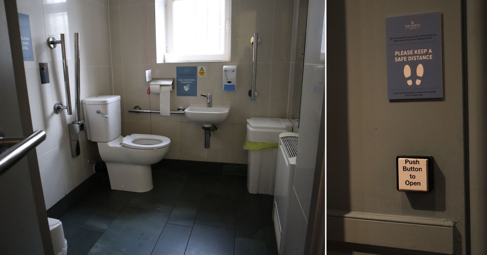 view of the disabled toilet inside The Bowes Museum and accessible door open buttons